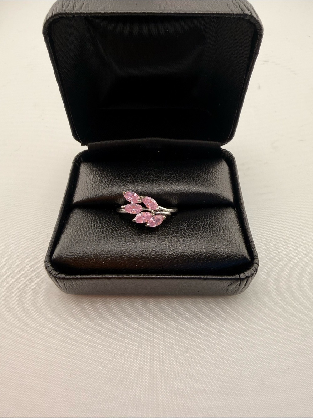 Silver Stamped 925 Ring with Pink Marquise Gemstones - Elegant Leaf Design